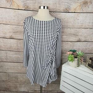 ELLE Houndstooth‎ Print Tunic Top Long Sleeve Ruched Detail XL